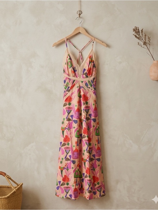 FARM Rio Dresses & Skirts - Farm Rio Sand Fairies Lace Trim Slip Midi Dress NWT Medium Beige Pink